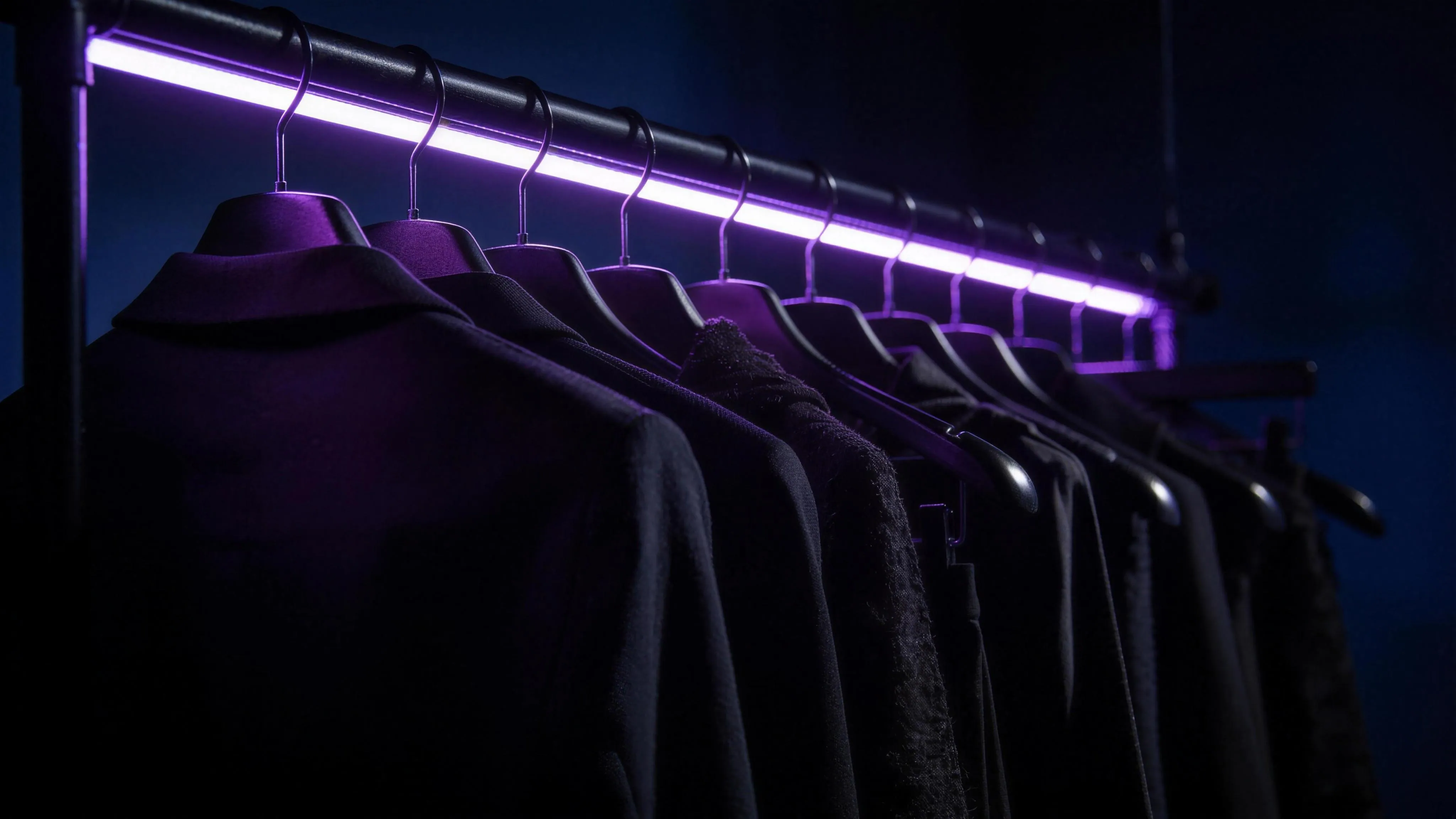 Dark garment rack lit by a single violet neon tube in a night atelier