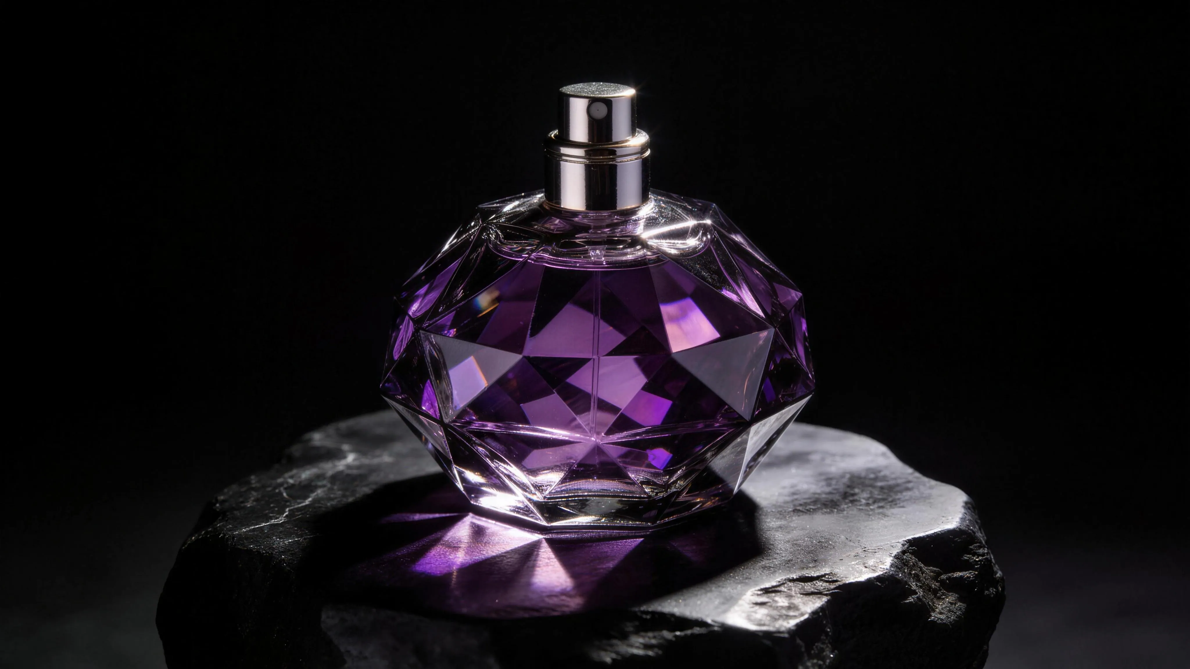 A faceted violet glass bottle spotlit on dark stone