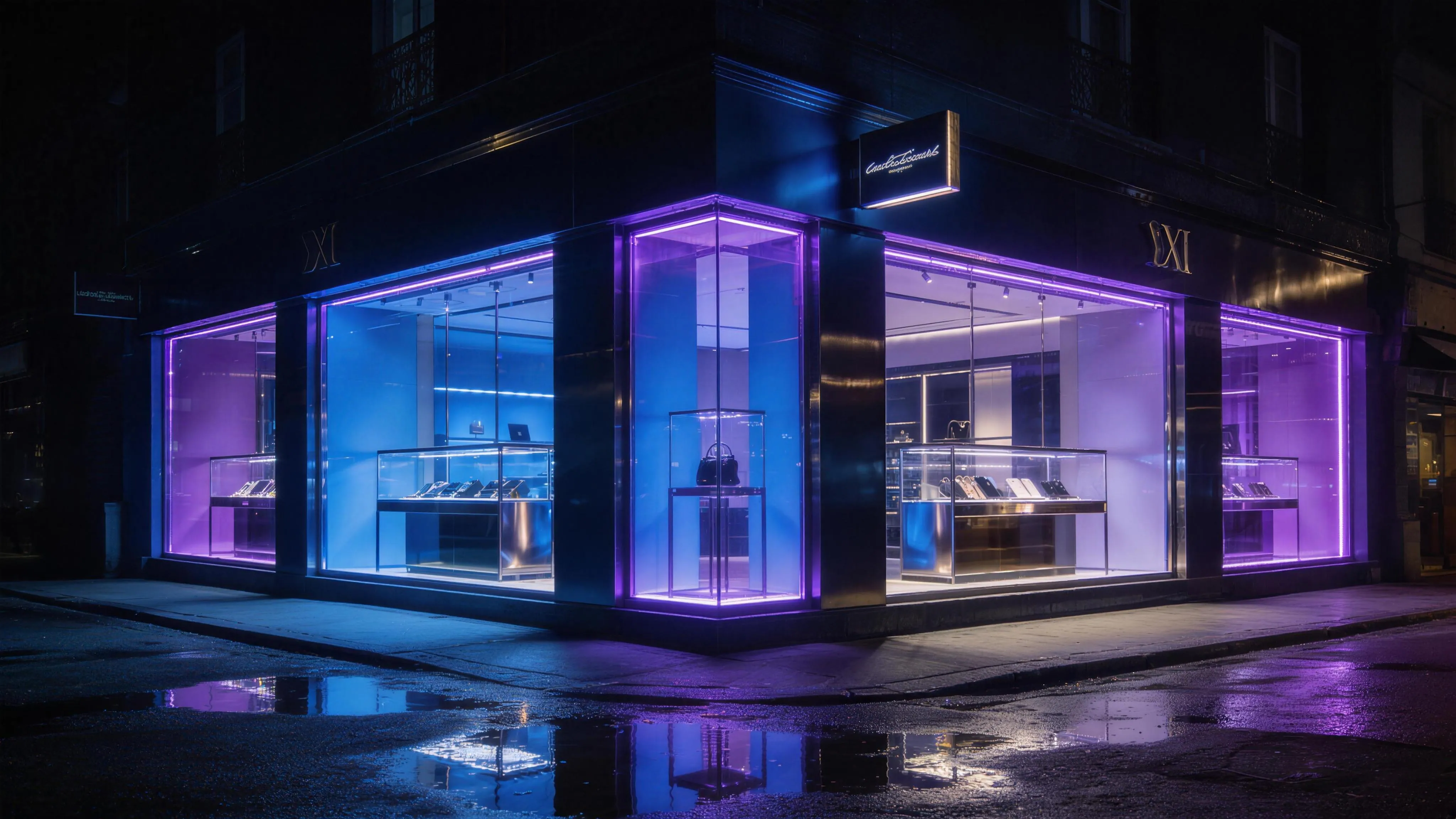 A glass corner storefront glowing violet on a rain-slicked street at night